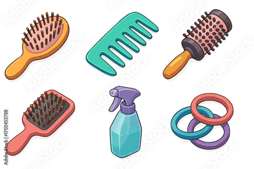 Colorful hair care tools set with brushes, comb, spray bottle, and hairbands