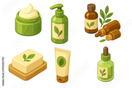 Set of natural skincare products with leaf motifs including creams and oils