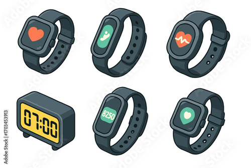 Smartwatch and fitness tracker icons with health and timer features