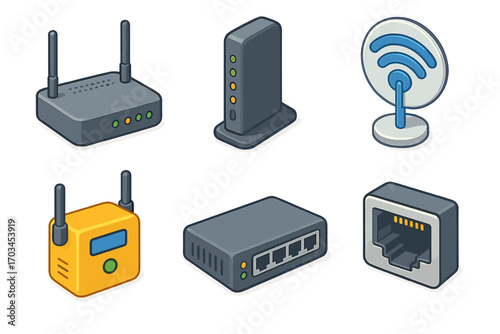 Variety of internet network devices including router and modem isometric icons