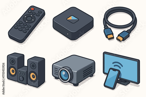 Modern home theater setup: remote, projector, speakers, hdmi cable, smart tv