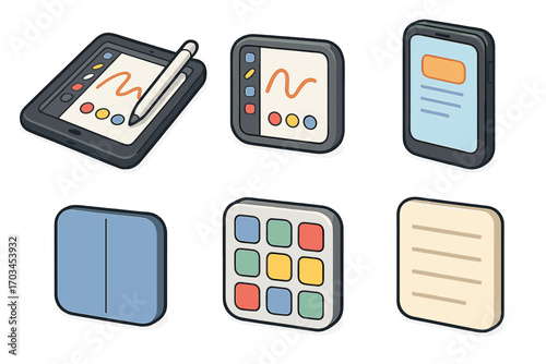 Digital drawing and interface elements in simplistic 3d icon style