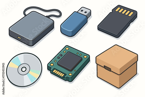 Collection of digital storage devices and media icons in isometric style