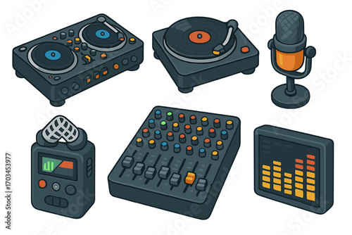 Dj equipment set with turntable, mixer, microphone, recorder, and equalizer