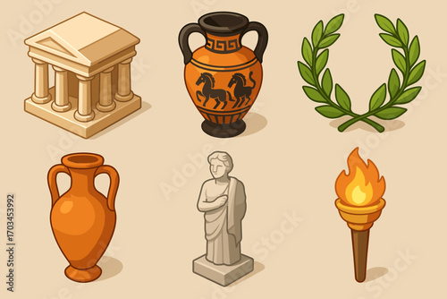 Ancient greek symbols: amphorae laurel wreath torch temple statue