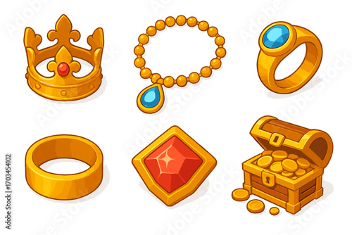 Collection of gold jewelry with gems and treasure chest