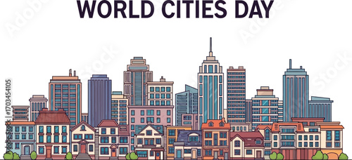 World cities day with a cityscape illustration buildings, skyscrapers, and urban landscape