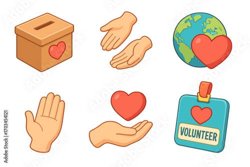 Charity and volunteer icons: hands, heart, globe, donation box