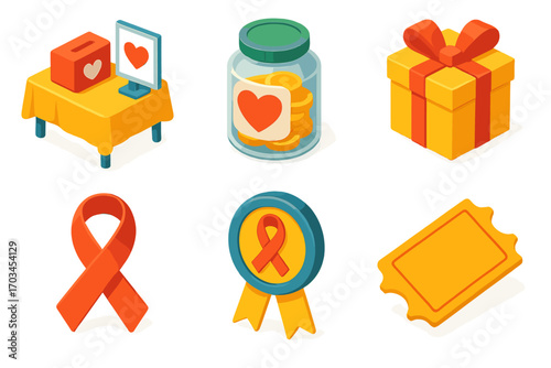 Charitable icons set with donation box, coin jar, gift, ribbon, award, ticket