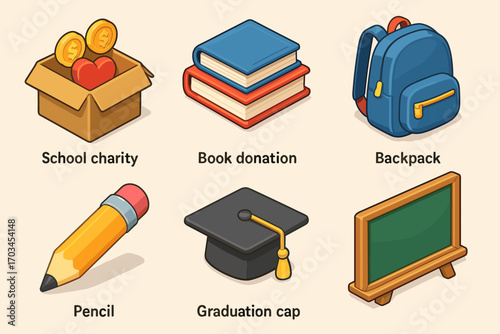 School charity elements: books, backpack, pencil, graduation cap, chalkboard with coins