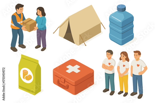 Humanitarian aid distribution with diverse volunteers and essentials icons