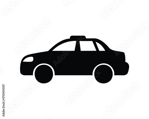 A simple black silhouette of a taxi cab on a white background