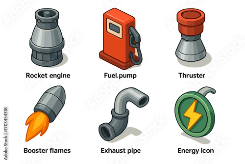 Cartoon icons of rocket engine, fuel pump, thruster, booster flames, exhaust pipe, energy icon