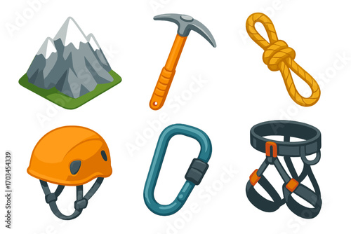 Climbing gear set with helmet, rope, harness, ice axe, carabiner, and mountain