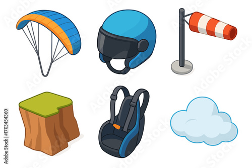 Paragliding equipment: helmet windsock harness parachute adventure gear icons