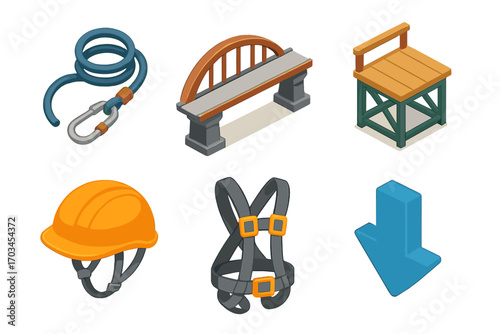 Construction equipment and safety gear: rope, bench, stool, helmet, harness, arrow icon