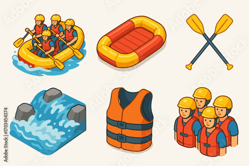 Cartoon rafting adventure set with helmeted rafters and gear