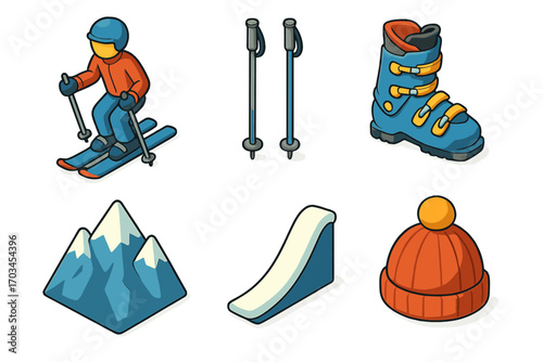 Winter sports icons featuring skiing elements and mountain landscapes