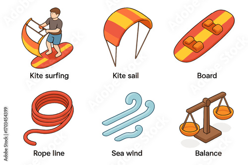 Male kite surfer with equipment set: board, sail, rope, wind, balance