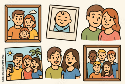 Diverse cartoon families: smiling adults, teens, children in framed photos