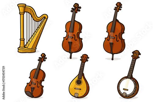 Collection of classical string instruments featuring harp, violin, cello, banjo, mandolin