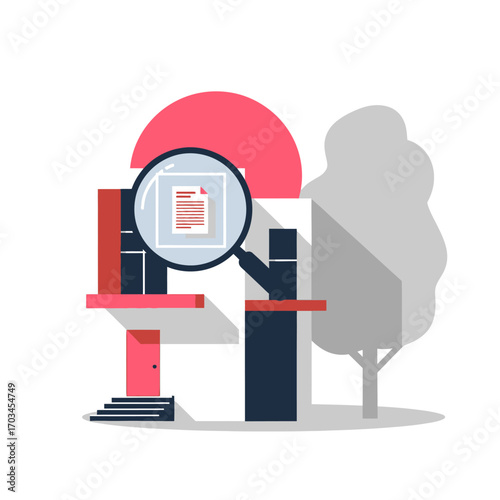 Magnifying glass inspecting a document in a modern building