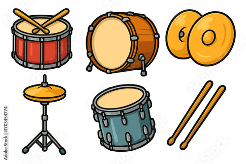 Cartoon drum set with cymbals and drumsticks on white background