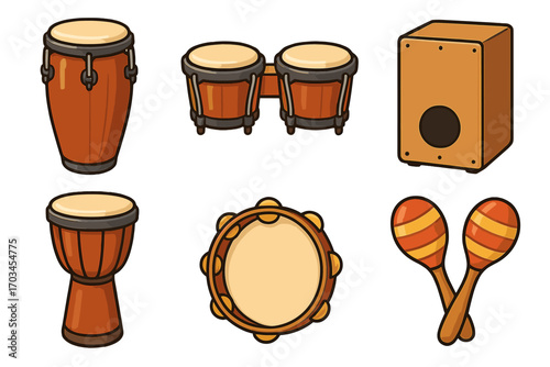 Collection of cartoon percussion instruments: conga, bongo, cajón, djembe, tambourine, maracas