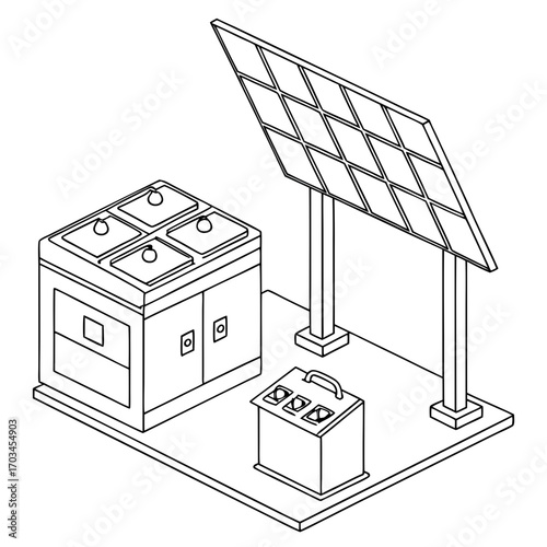 Vector art of isometric line art illustration of a solar panel system with battery storage, showcasing renewable energy and sustainable power generation