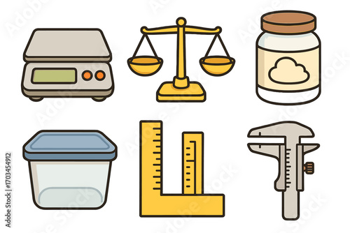 Kitchen and workshop tools: scale, balance, jar, container, ruler, caliper icons