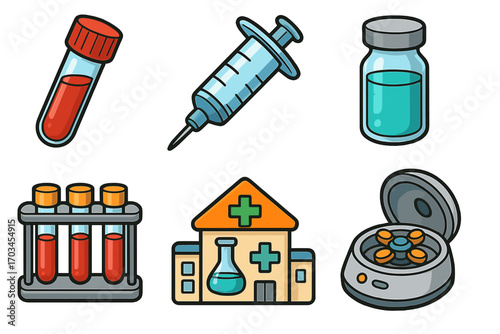 Medical equipment icons with test tubes, syringe, vial, and centrifuge