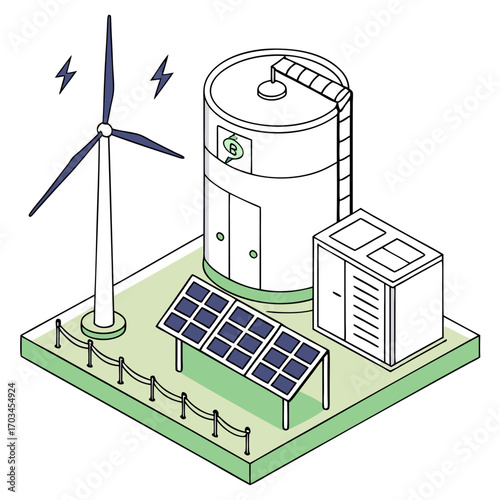 Vector art of isometric illustration of a renewable energy system featuring a wind turbine, solar panels, a battery storage tank, and a power distribution unit, showcasing sustainable energy solutions