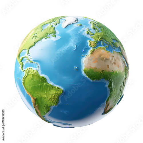 Detailed Earth Globe Green Land Blue Ocean, isolated on transparent background, perfect cutout, PNG