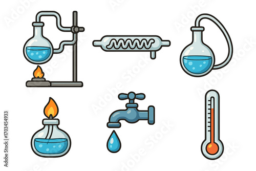 Cartoon science lab equipment illustration with blue liquid, burner, thermometer, and tap