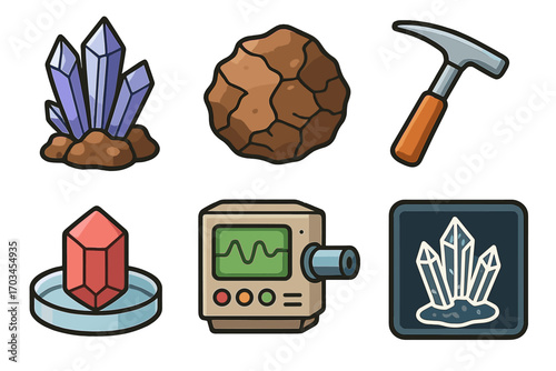 Colorful geology icons: crystals, rocks, tools, and equipment set