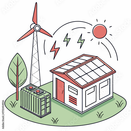 Illustration of a sustainable energy system with a wind turbine, solar panels on a house, and a battery storage system, showcasing renewable energy sources and energy storage solutions