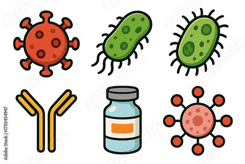Colorful microorganisms and vaccine vial illustrations