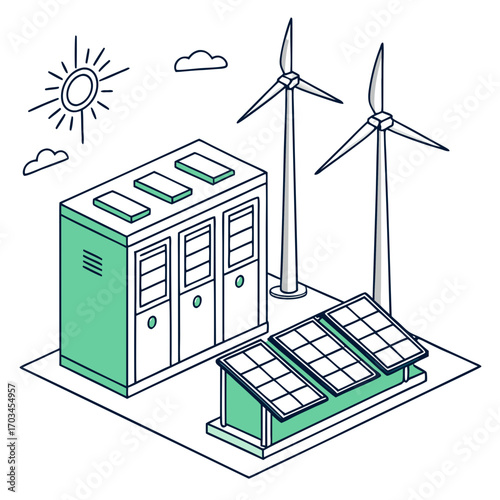 Vector art of isometric illustration showcasing sustainable energy solutions with solar panels, wind turbines, and battery storage, a clean energy future