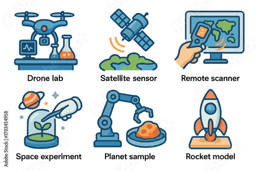 Drone lab and remote space exploration with satellite and rocket models