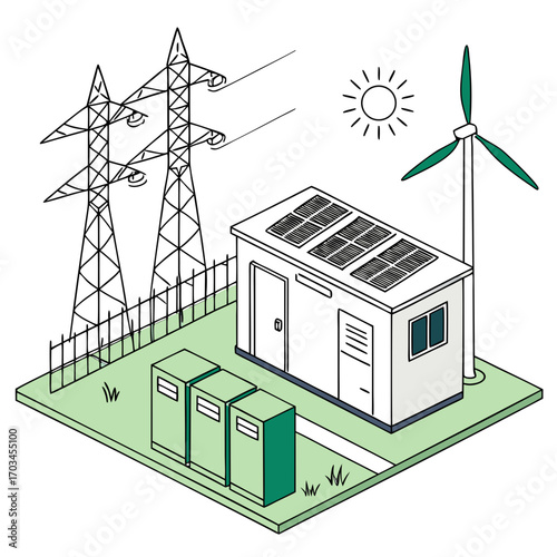 Vector art of isometric illustration showcasing a sustainable energy ecosystem with solar panels, a wind turbine, and electrical towers, symbolizing clean power generation and distribution
