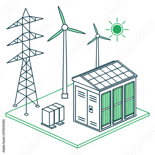 Vector art of isometric illustration of a sustainable energy landscape featuring solar panels, wind turbines, and power transmission lines, representing clean and renewable electricity generation