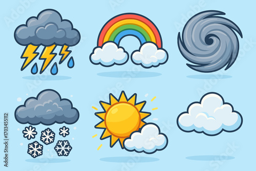 Colorful weather icons: storm, rainbow, hurricane, snow, sun, cloud