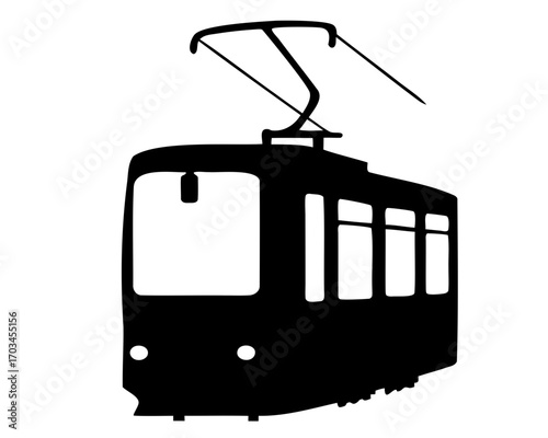 Silhouette of an old fashioned tram or streetcar with electrical arm
