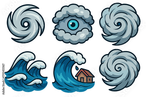 Cartoon hurricane and ocean wave icons with storm clouds and house