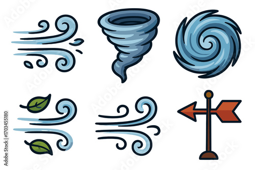 Collection of wind-themed icons featuring tornado and weather elements