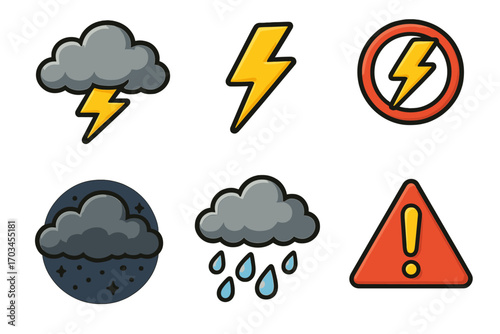 Weather icons: storm cloud, lightning, rain, warning symbols