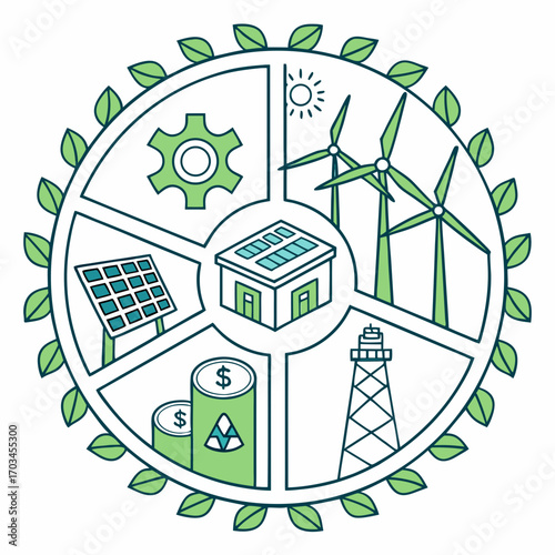 Vector art of circular illustration showcasing renewable energy sources like solar panels, wind turbines, and geothermal energy, framed by green leaves