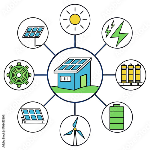 Vector art of illustration depicting a house powered by renewable energy sources, including solar panels, wind turbines, and battery storage