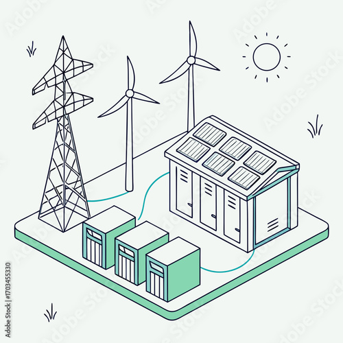 Vector art of isometric illustration showcasing sustainable energy solutions with solar panels, wind turbines, and power transmission towers, all interconnected for a greener future
