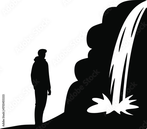 Person observing cascading water silhouette watching
